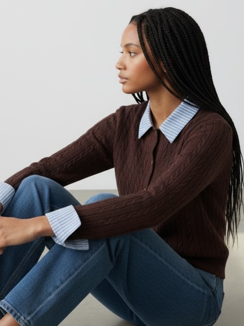 1645 • Dark Brown Rayon Blend Cable Knit Cardi Top w/Blue Striped Cuffs/Collar